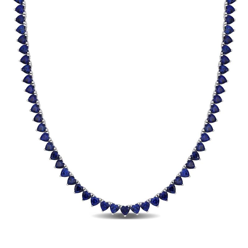 Main Image 1 of 4.0mm Heart-Shaped Blue Lab-Created Sapphire Tennis Necklace in Sterling Silver
