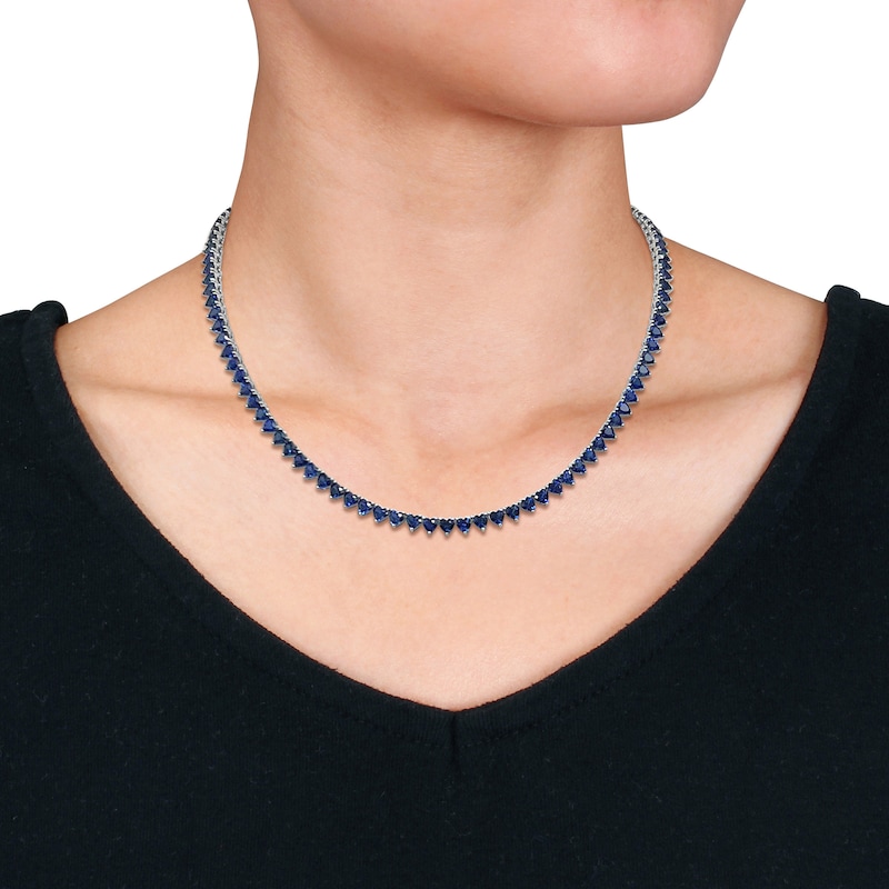 Main Image 2 of 4.0mm Heart-Shaped Blue Lab-Created Sapphire Tennis Necklace in Sterling Silver