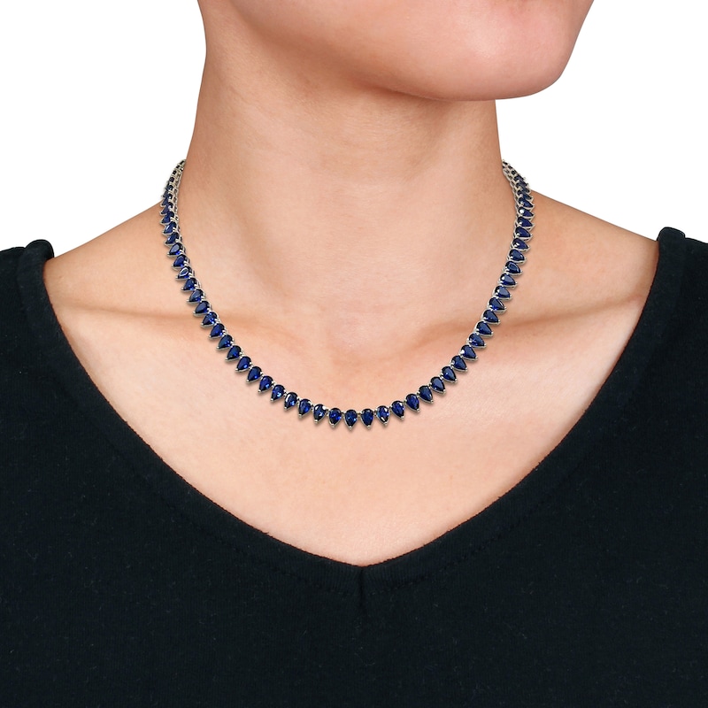 Pear-Shaped Blue Lab-Created Sapphire Tennis Necklace in Sterling Silver