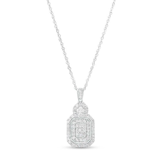 0.95 CT. T.W. Emerald-Shaped Multi-Diamond Double Frame Pendant in 10K White Gold