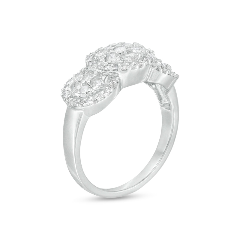 0.95 CT. T.W. Multi-Diamond Frame Triple Flower Ring in 10K White Gold
