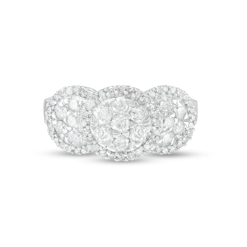0.95 CT. T.W. Multi-Diamond Frame Triple Flower Ring in 10K White Gold