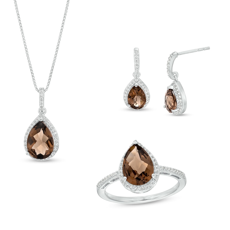 Main Image 1 of Pear-Shaped Smoky Quartz and White Lab-Created Sapphire Frame Pendant, Ring and Drop Earrings Set in Sterling Silver - Size 7
