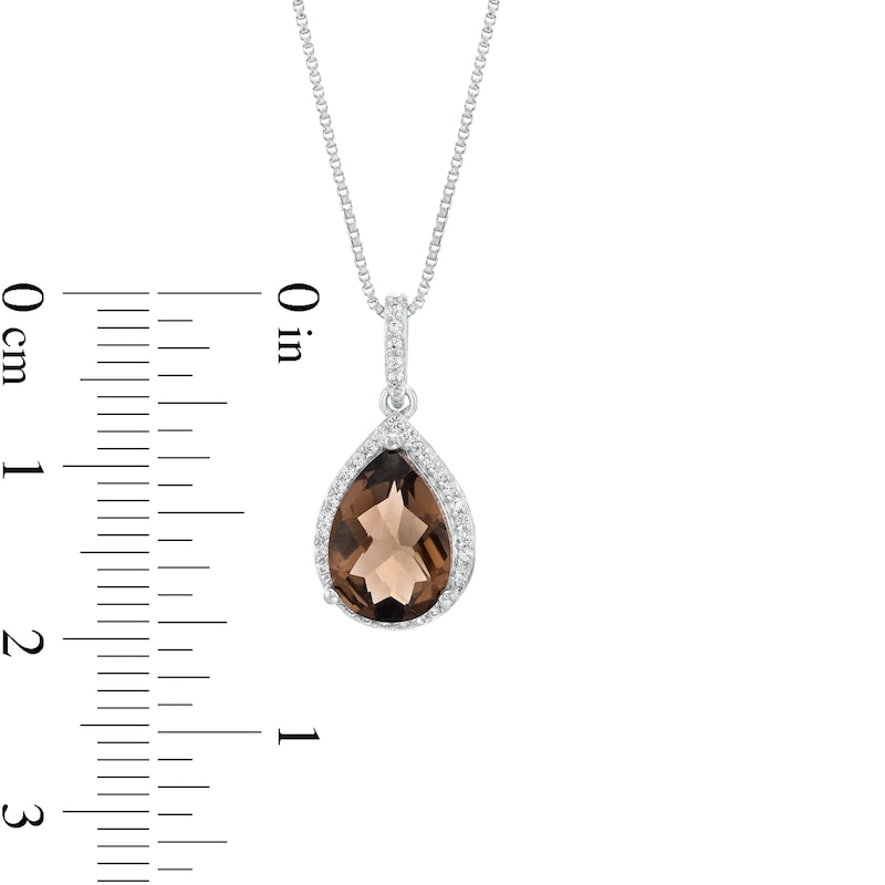 Main Image 3 of Pear-Shaped Smoky Quartz and White Lab-Created Sapphire Frame Pendant, Ring and Drop Earrings Set in Sterling Silver - Size 7