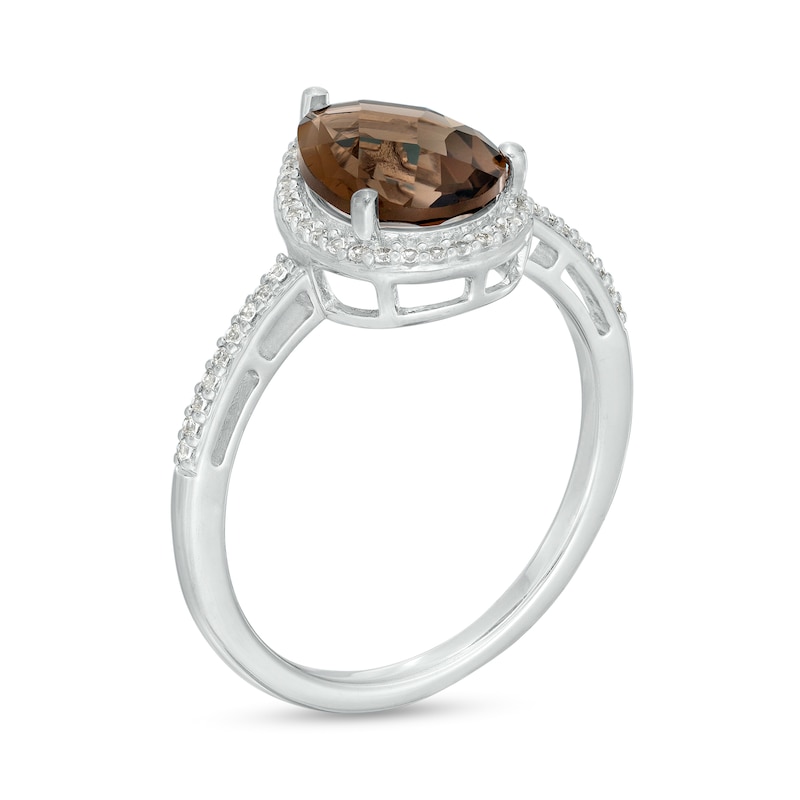 Main Image 4 of Pear-Shaped Smoky Quartz and White Lab-Created Sapphire Frame Pendant, Ring and Drop Earrings Set in Sterling Silver - Size 7