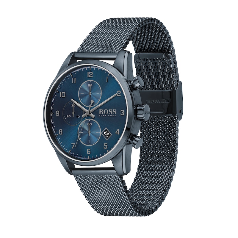 Men's Hugo Boss Skymaster Blue IP Chronograph Mesh Watch with Blue Dial ...