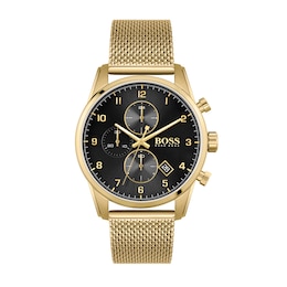 Men's Hugo Boss Skymaster Gold-Tone IP Chronograph Mesh Watch with Black Dial (Model: 1513838)