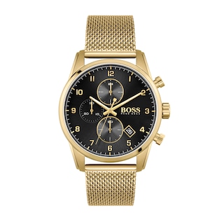 Men's Hugo Boss Skymaster Gold-Tone IP Chronograph Mesh Watch with Black Dial (Model: 1513838)