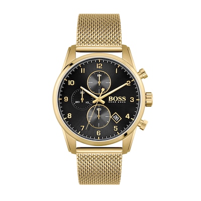 Men's Hugo Boss Skymaster Gold-Tone IP Chronograph Mesh Watch with Black Dial (Model: 1513838)