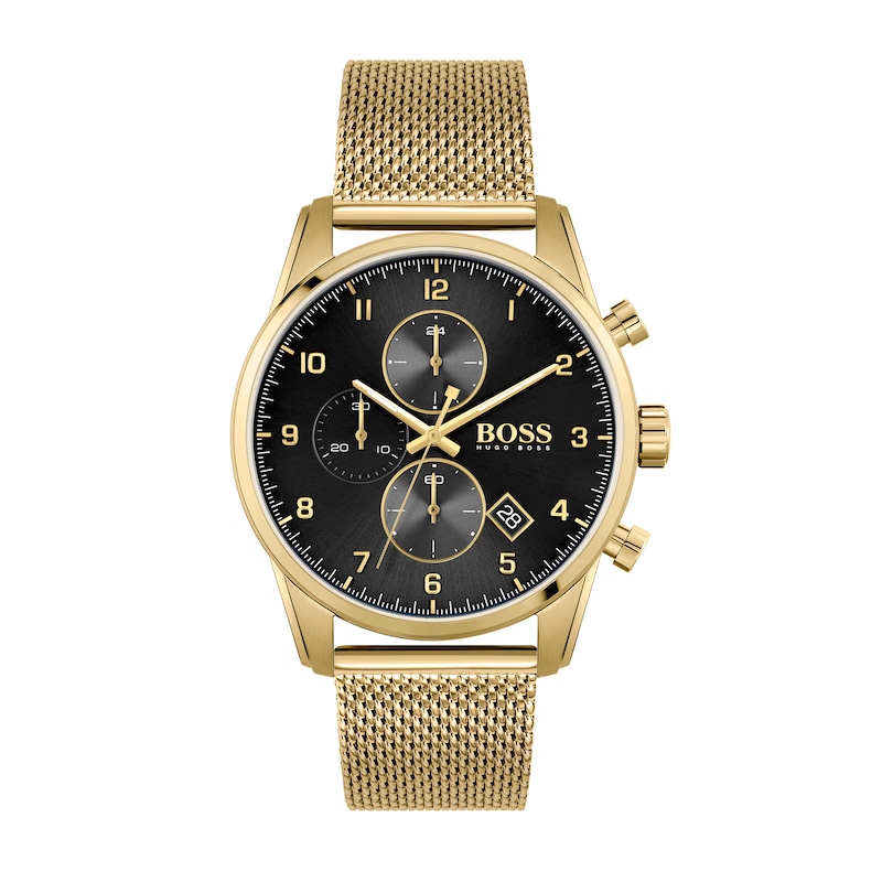 Men's Hugo Boss Skymaster Gold-Tone IP Chronograph Mesh Watch with Black Dial (Model: 1513838)|Peoples Jewellers
