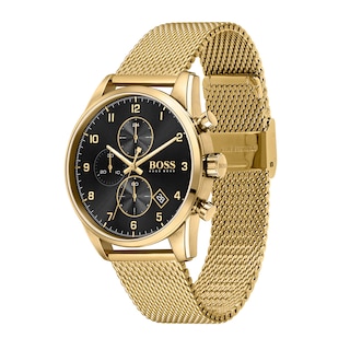 Men's Hugo Boss Skymaster Gold-Tone IP Chronograph Mesh Watch with Black Dial (Model: 1513838)