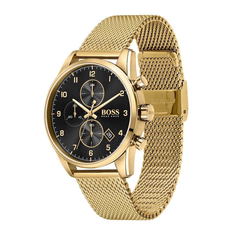 Men's Hugo Boss Skymaster Gold-Tone IP Chronograph Mesh Watch with Black Dial (Model: 1513838)|Peoples Jewellers