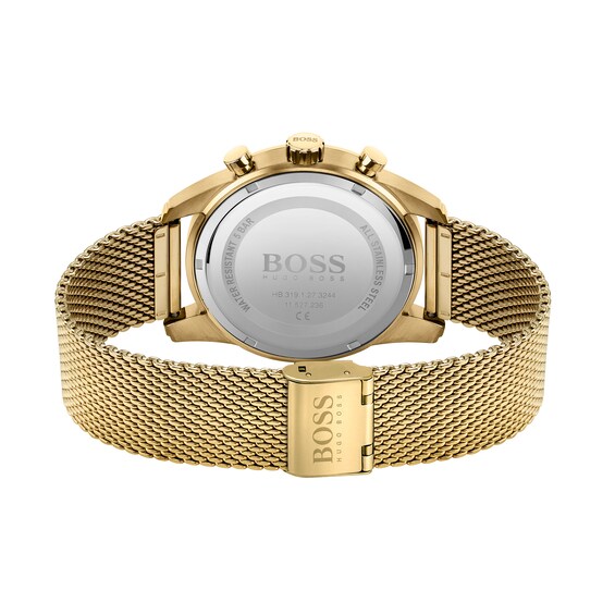 Men's Hugo Boss Skymaster Gold-Tone IP Chronograph Mesh Watch with Black Dial (Model: 1513838)
