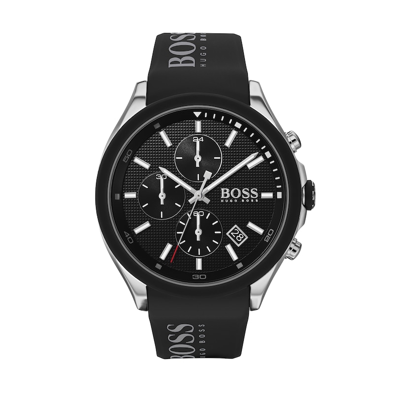 Main Image 1 of Men's Hugo Boss Velocity Black Silicone Strap Chronograph Watch with Black Dial (Model: 1513716)
