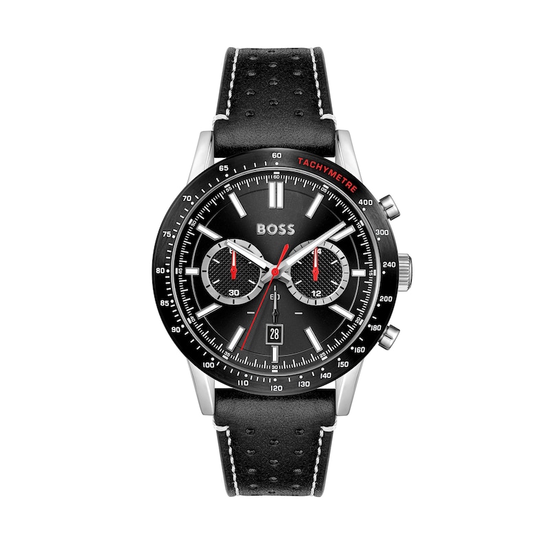 Men's Hugo Boss Allure Chronograph Black Leather Strap Watch with Black Dial (Model: 1513920)|Peoples Jewellers