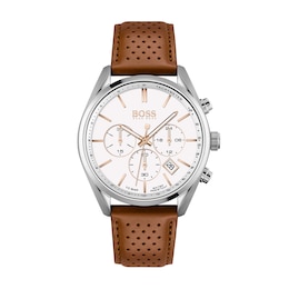 Men's Hugo Boss Champion Chronograph Brown Leather Strap Watch with White Dial (Model: 1513879)