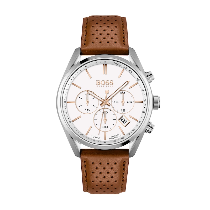 Main Image 1 of Men's Hugo Boss Champion Chronograph Brown Leather Strap Watch with White Dial (Model: 1513879)