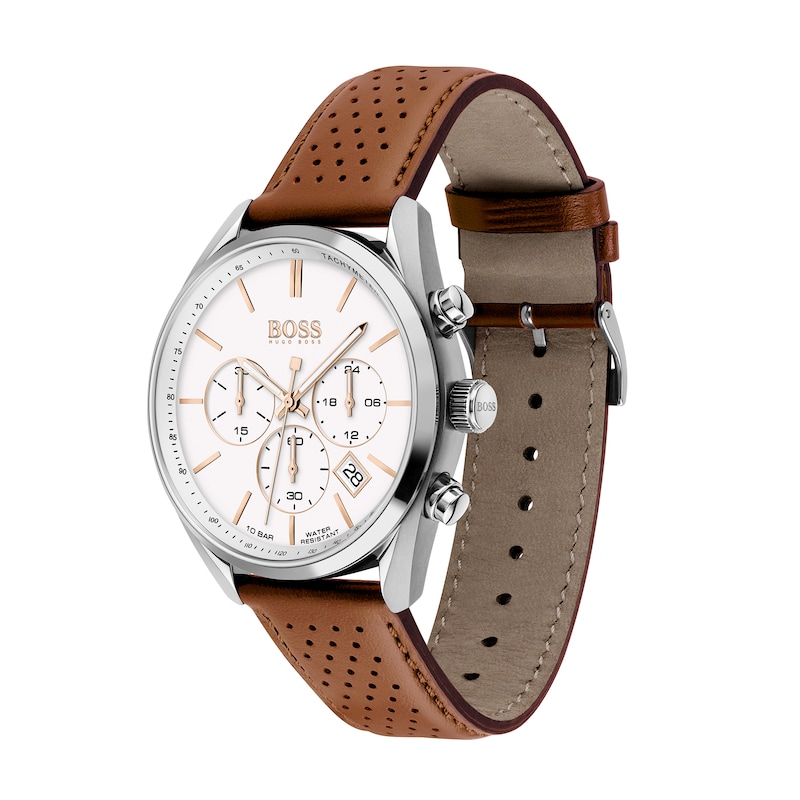 Men's Hugo Boss Champion Chronograph Brown Leather Strap Watch with White Dial (Model: 1513879)|Peoples Jewellers