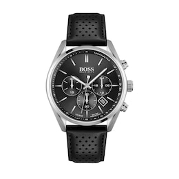 Men's Hugo Boss Champion Chronograph Black Leather Strap Watch with Black Dial (Model: 1513816)