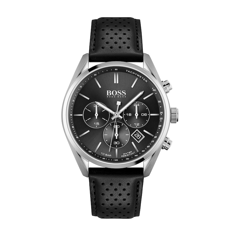 Men's Hugo Boss Champion Chronograph Black Leather Strap Watch with Black Dial (Model: 1513816)|Peoples Jewellers