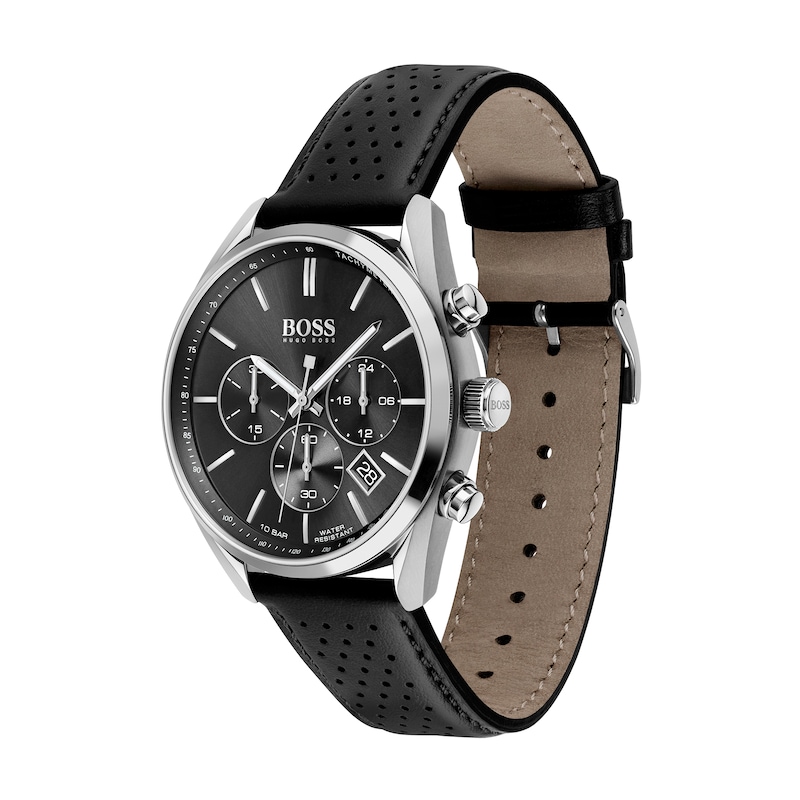 Men's Hugo Boss Champion Chronograph Black Leather Strap Watch with Black Dial (Model: 1513816)|Peoples Jewellers