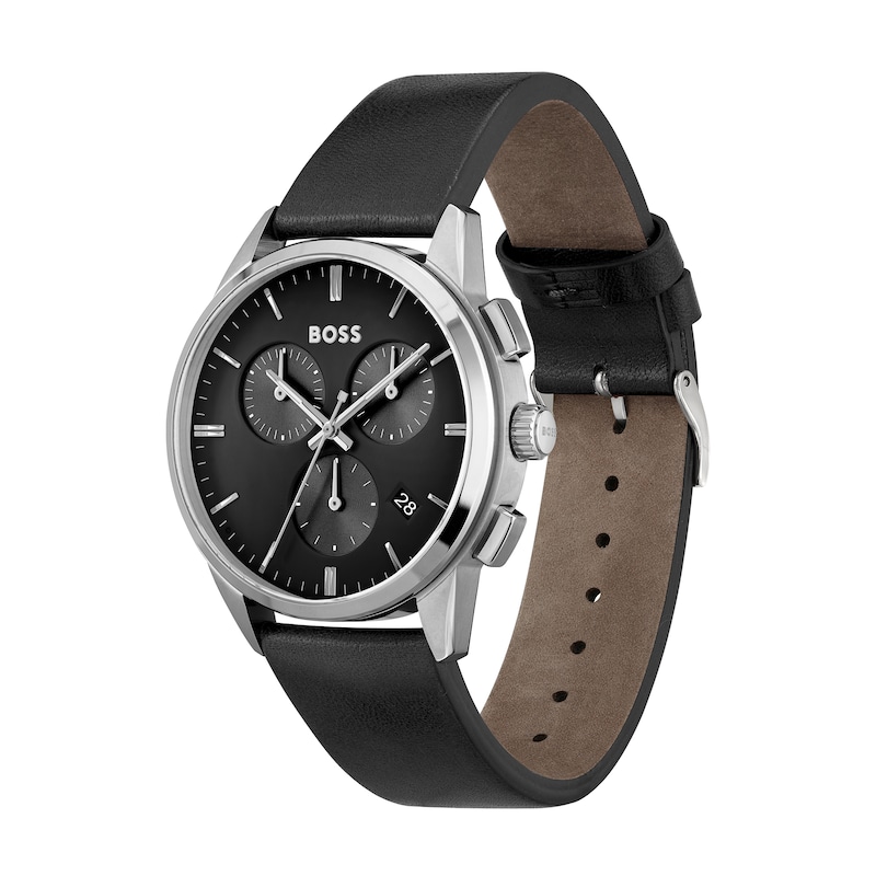 Men's Hugo Boss Dapper Chronograph Black Leather Strap Watch with Black Dial (Model: 1513925)|Peoples Jewellers