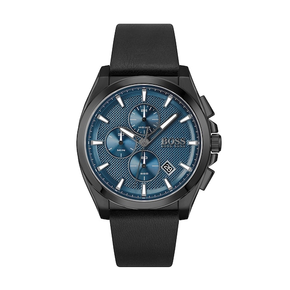 Men's Hugo Boss Grandmaster Black IP Chronograph Black Leather Strap Watch with Blue Dial (Model: 1513883)