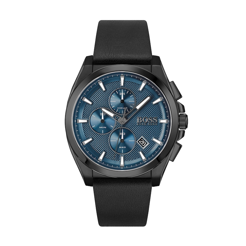 Men's Hugo Boss Grandmaster Black IP Chronograph Black Leather Strap Watch with Blue Dial (Model: 1513883)