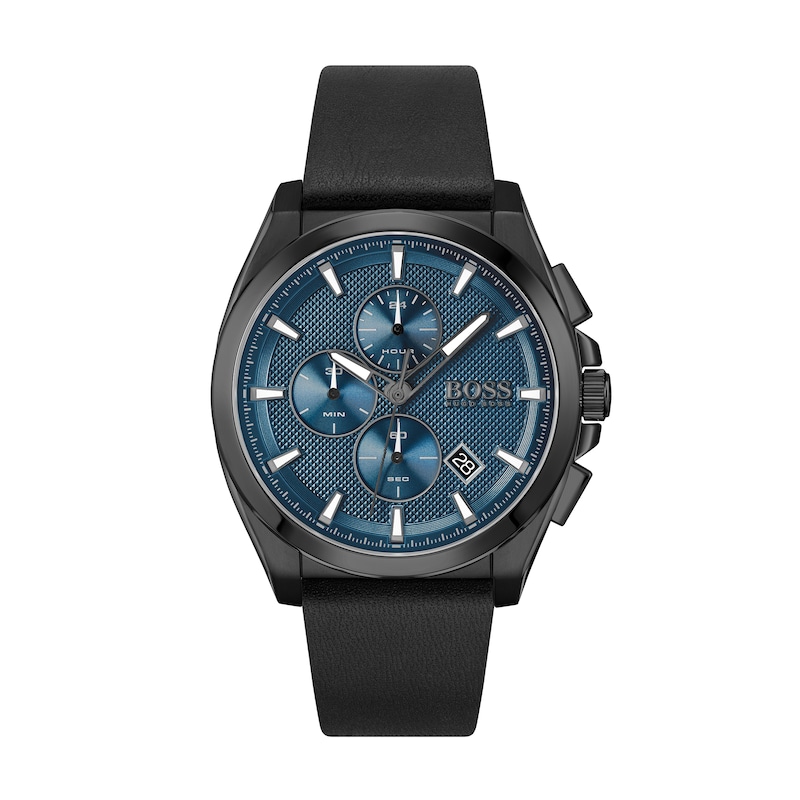 Men's Hugo Boss Grandmaster Black IP Chronograph Black Leather Strap Watch with Blue Dial (Model: 1513883)|Peoples Jewellers