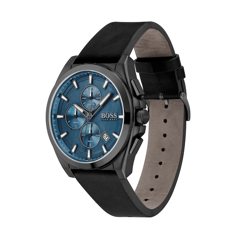 Men's Hugo Boss Grandmaster Black IP Chronograph Black Leather Strap Watch with Blue Dial (Model: 1513883)|Peoples Jewellers
