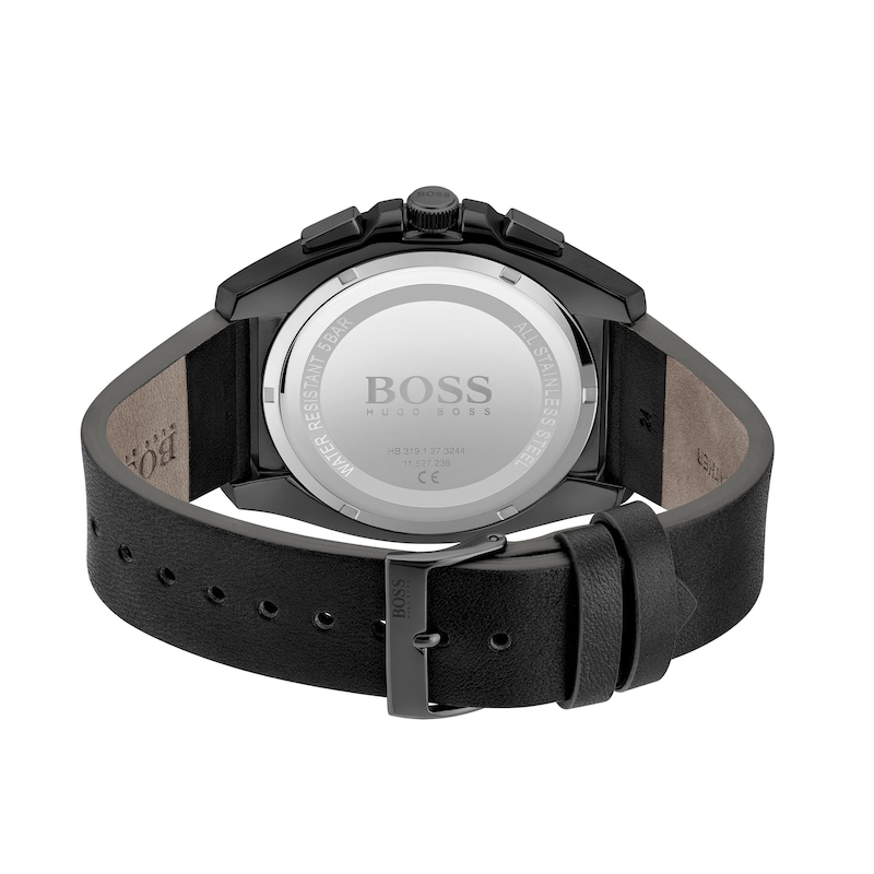 Men's Hugo Boss Grandmaster Black IP Chronograph Black Leather Strap Watch with Blue Dial (Model: 1513883)|Peoples Jewellers