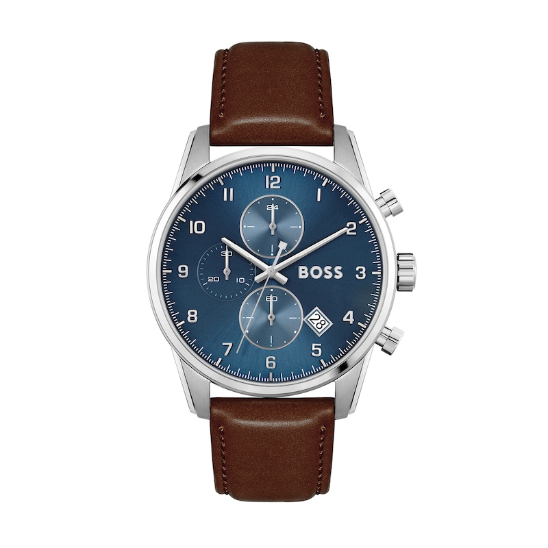 Men's Hugo Boss Skymaster Chronograph Brown Leather Strap Watch with Blue Dial (Model: 1513940)|Peoples Jewellers