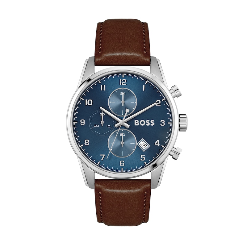 Men's Hugo Boss Skymaster Chronograph Brown Leather Strap Watch with Blue Dial (Model: 1513940)