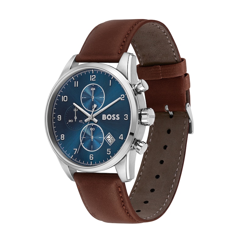 Men's Hugo Boss Skymaster Chronograph Brown Leather Strap Watch with Blue Dial (Model: 1513940)|Peoples Jewellers