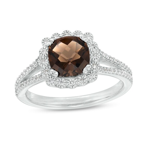 7.0mm Cushion-Cut Smoky Quartz and White Lab-Created Sapphire Scallop Frame Split Shank Ring in Sterling Silver