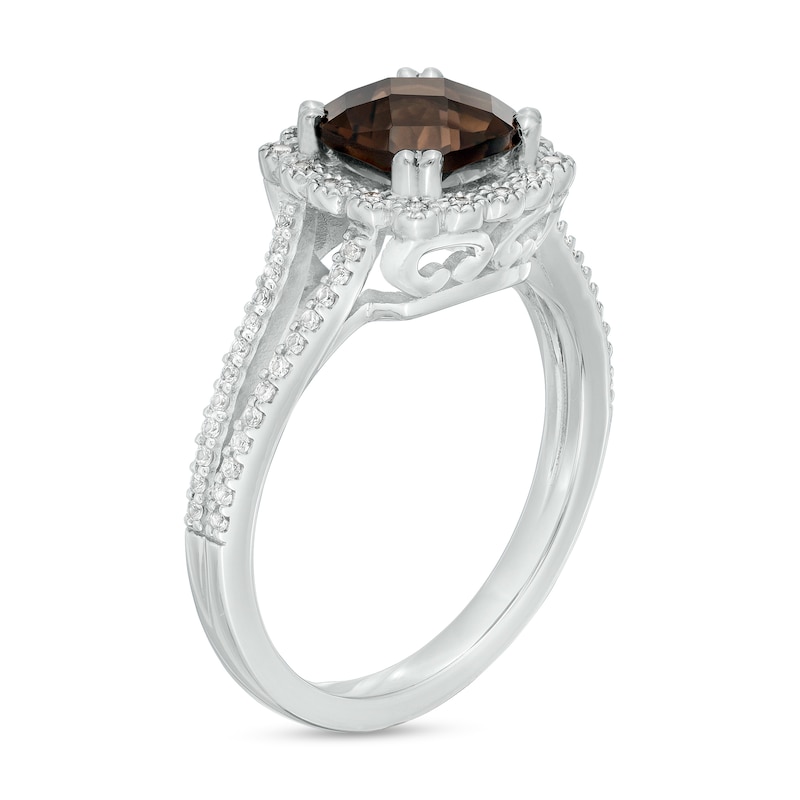 7.0mm Cushion-Cut Smoky Quartz and White Lab-Created Sapphire Scallop Frame Split Shank Ring in Sterling Silver