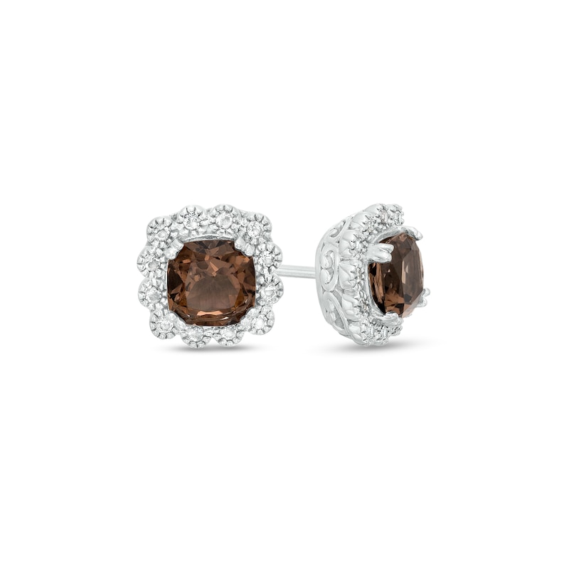 Main Image 1 of 5.0mm Cushion-Cut Smoky Quartz and White Lab-Created Sapphire Scallop Frame Stud Earrings in Sterling Silver