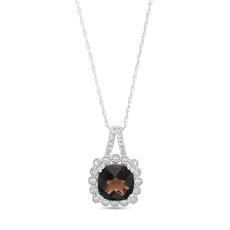 7.0mm Cushion-Cut Smoky Quartz and White Lab-Created Sapphire Scallop Frame Split Bail Pendant in Sterling Silver|Peoples Jewellers