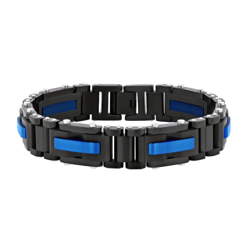 Men's 13.71mm Link Bracelet in Stainless Steel with Black and Blue Ion Plate - 8.5"|Peoples Jewellers