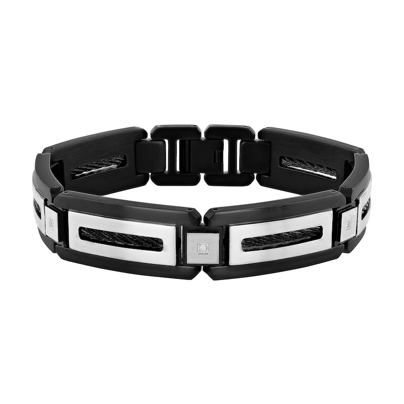 Men's 0.04 CT. T.W. Diamond Rectangular Link Bracelet in Stainless Steel and Black Ion Plate - 8.75"