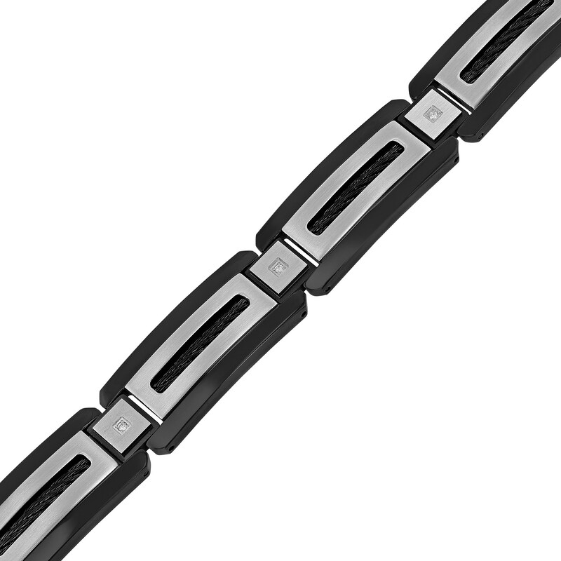 Main Image 2 of Men's 0.04 CT. T.W. Diamond Rectangular Link Bracelet in Stainless Steel and Black Ion Plate - 8.75"