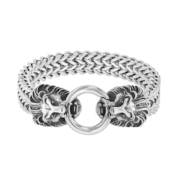 Men's Antique-Finish Double Lion Head Link Bracelet in Stainless Steel - 9.0&quot;