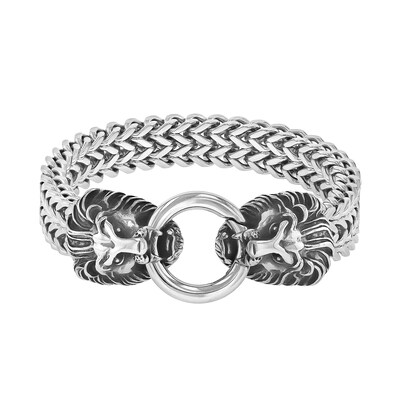 Men's Antique-Finish Double Lion Head Link Bracelet in Stainless Steel - 9.0"