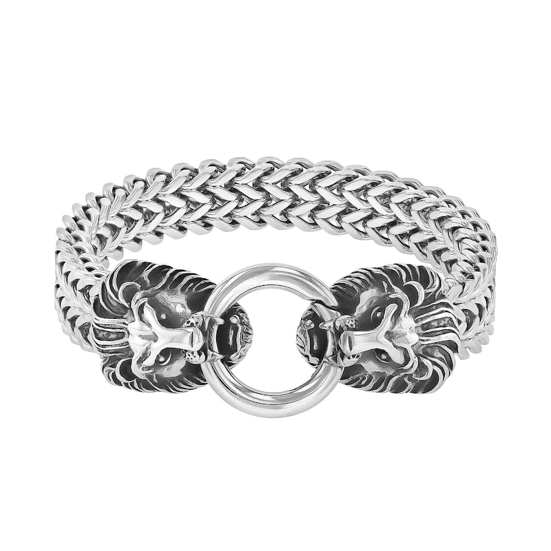 Men's Antique-Finish Double Lion Head Link Bracelet in Stainless Steel - 9.0"|Peoples Jewellers