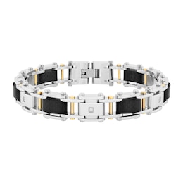 Men's Carbon Fibre Bike Chain Link Bracelet in Stainless Steel and Yellow Ion Plate - 8.75&quot;