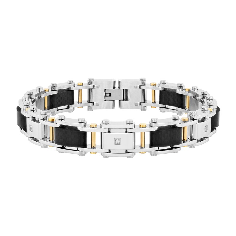 Men's Carbon Fibre Bike Chain Link Bracelet in Stainless Steel and Yellow Ion Plate - 8.75"