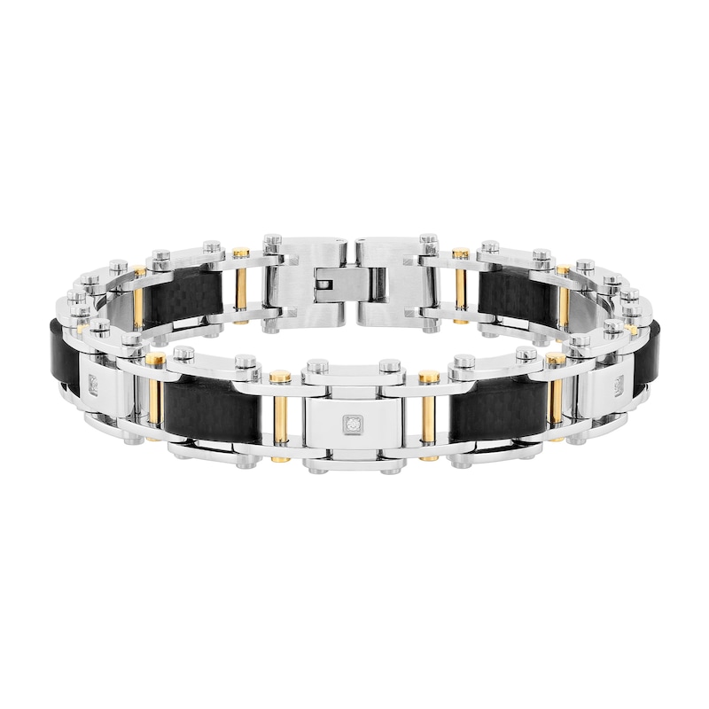 Main Image 1 of Men's Carbon Fibre Bike Chain Link Bracelet in Stainless Steel and Yellow Ion Plate - 8.75"
