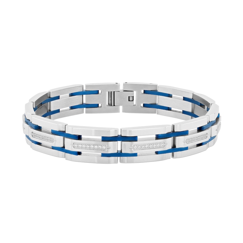 Main Image 1 of Men's 0.31 CT. T.W. Diamond Link Bracelet in Stainless Steel and Blue Ion Plate - 8.5"