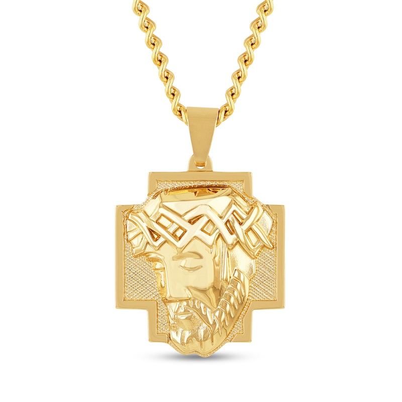 Main Image 1 of Men's Crucifix Jesus' Face Cross Pendant in Stainless Steel with Yellow Ion Plate - 24"