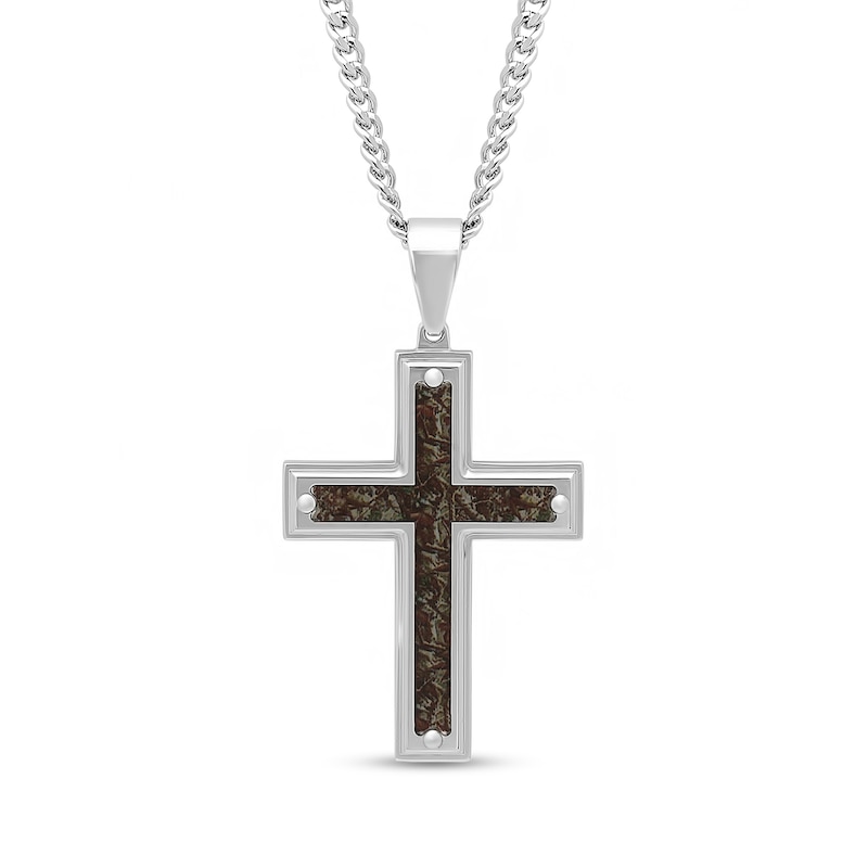 Men's Camouflage Carbon Fibre Inlay Cross Pendant in Stainless Steel - 24"